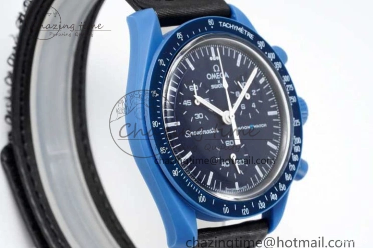 0206 ZipUp Speedmaster Misson To Neptune 1:1 Best Edition Blue Dial On Nylon Strap Quartz 7854